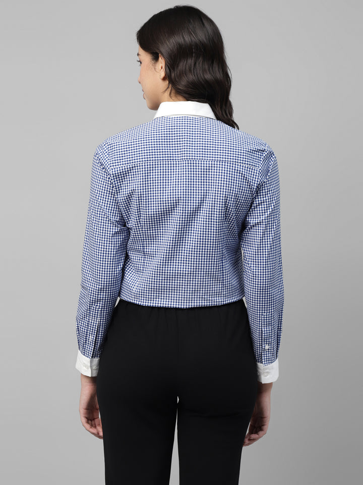 Women White & Blue Gingham Checked Pure Cotton Regular Fit Formal Shirt