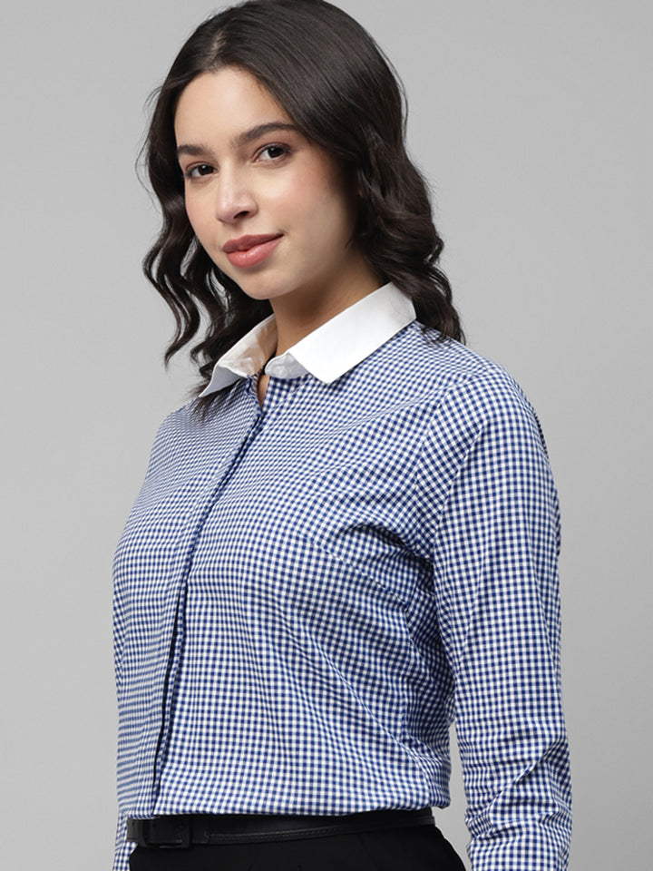 Women White & Blue Gingham Checked Pure Cotton Regular Fit Formal Shirt