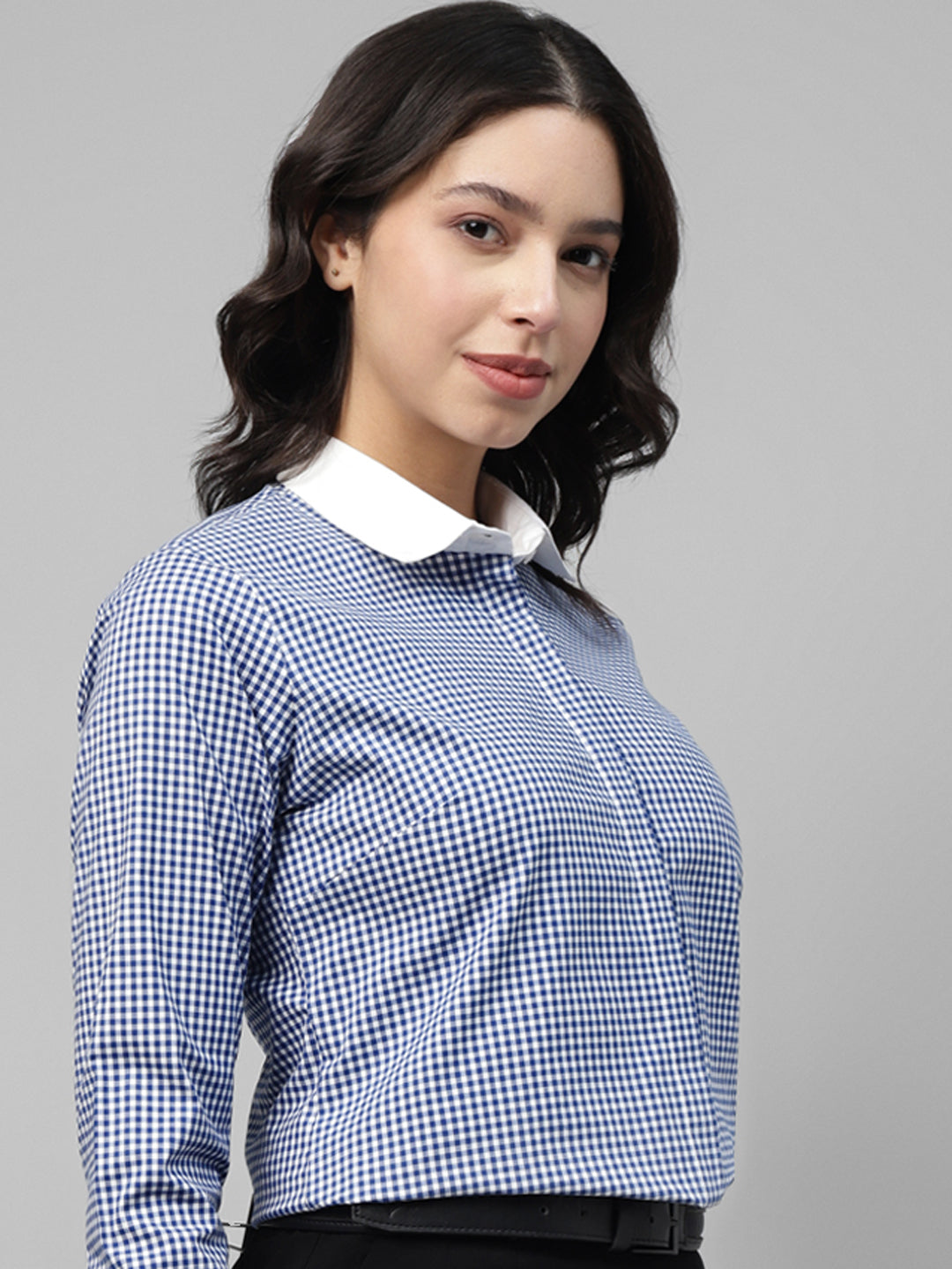 Women White & Blue Gingham Checked Pure Cotton Regular Fit Formal Shirt