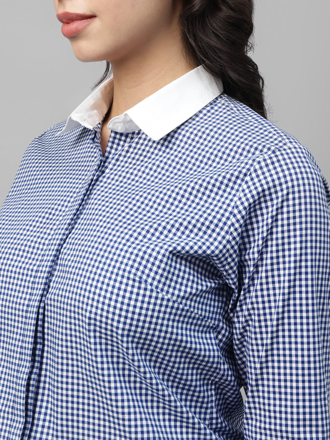 Women White & Blue Gingham Checked Pure Cotton Regular Fit Formal Shirt