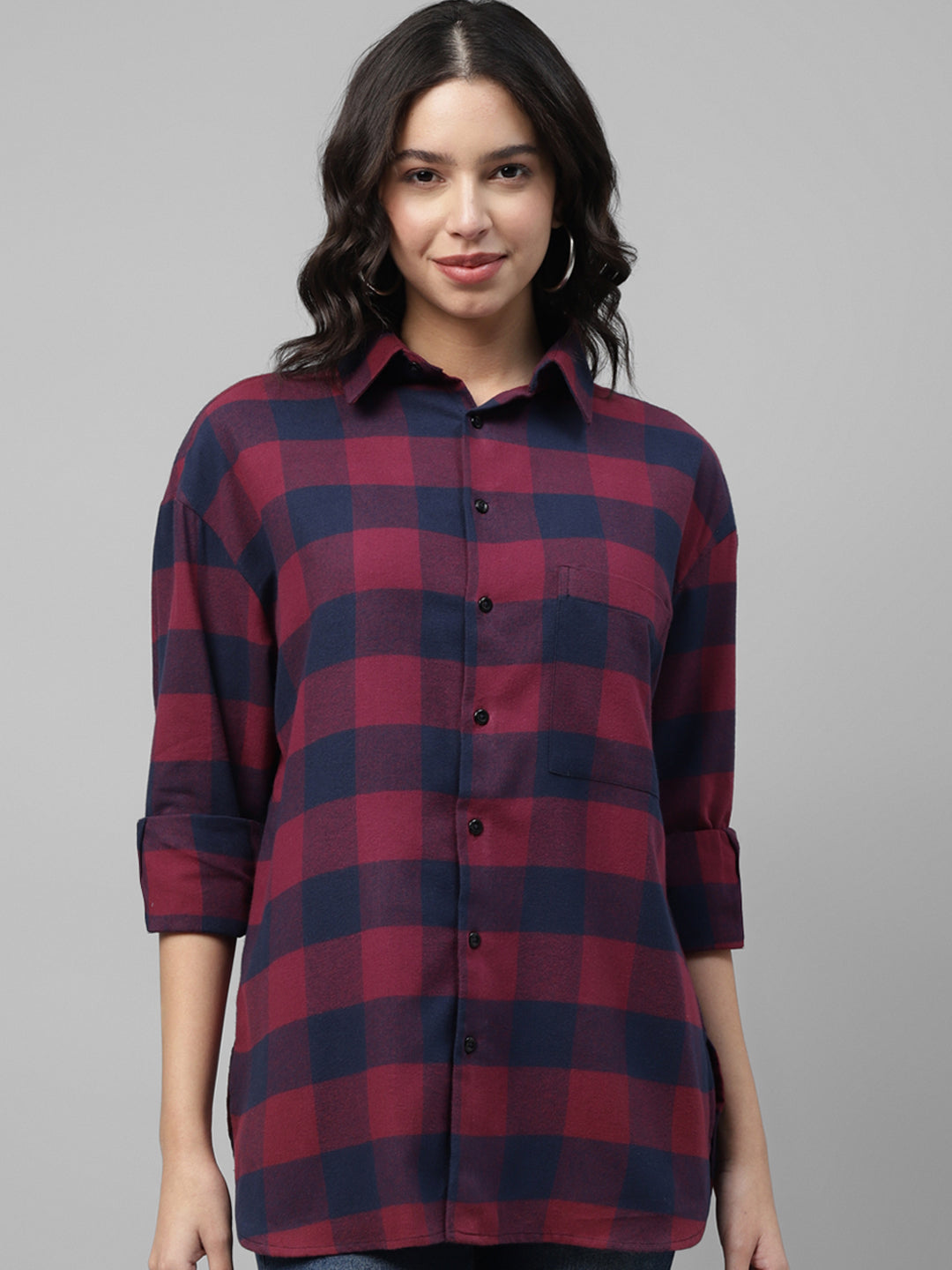 Women Maroon & Navy Tartan Checked Pure Cotton Regular Fit Oversize Casual Shirt