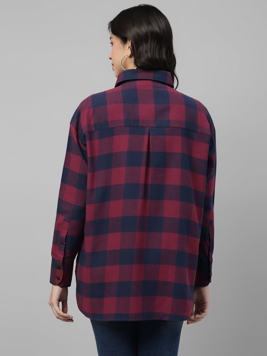 Women Maroon & Navy Tartan Checked Pure Cotton Regular Fit Oversize Casual Shirt