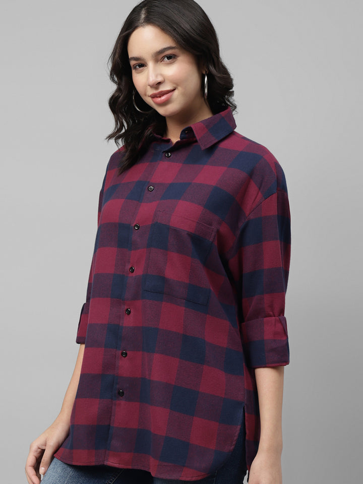 Women Maroon & Navy Tartan Checked Pure Cotton Regular Fit Oversize Casual Shirt