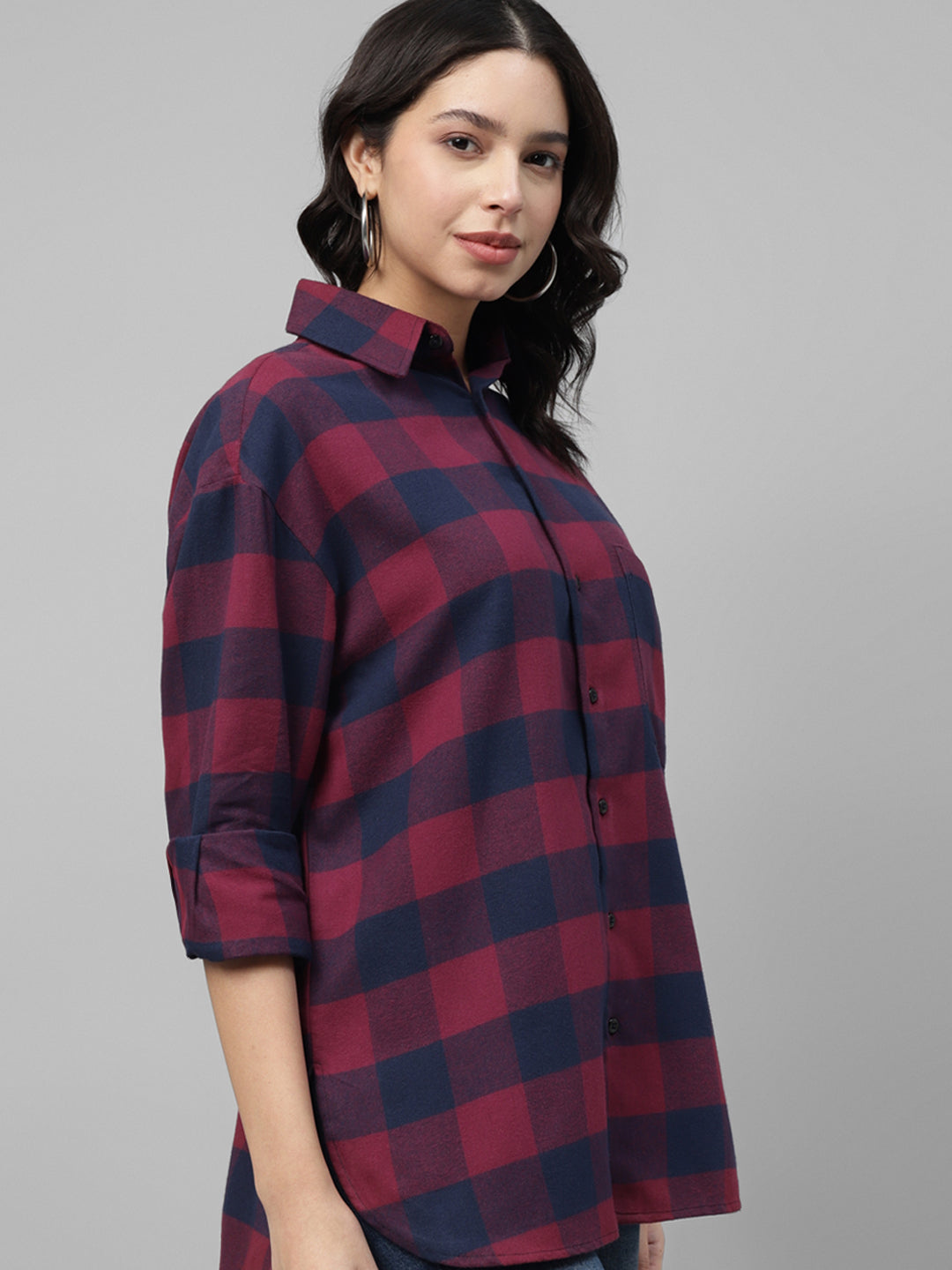 Women Maroon & Navy Tartan Checked Pure Cotton Regular Fit Oversize Casual Shirt