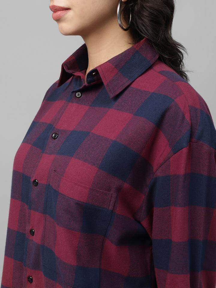 Women Maroon & Navy Tartan Checked Pure Cotton Regular Fit Oversize Casual Shirt