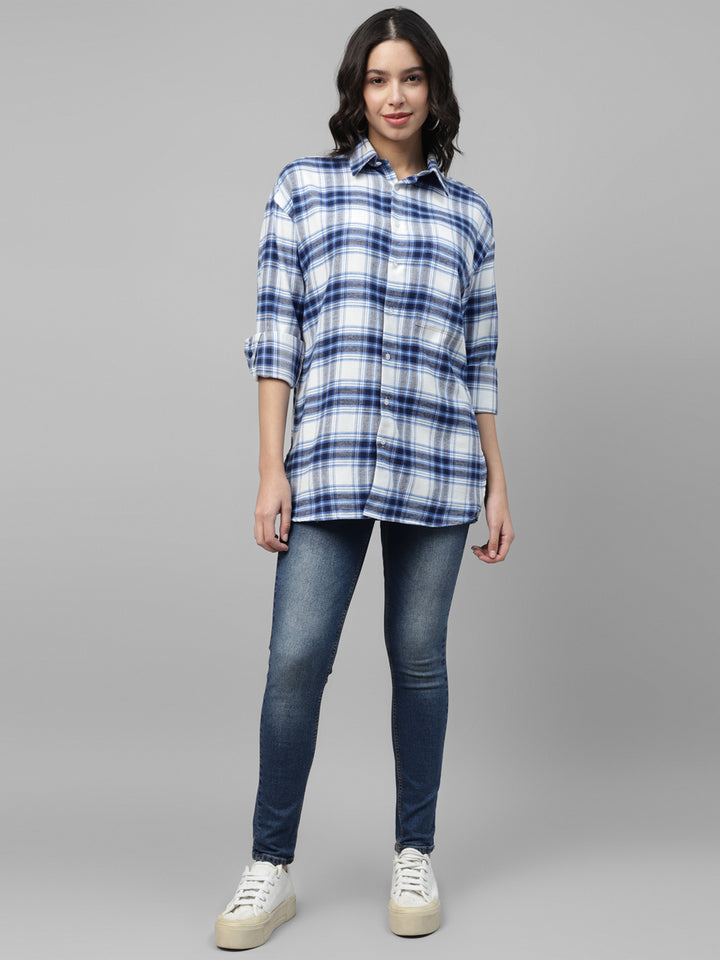 Women White & Blue Plaided Checked Pure Cotton Regular Fit Oversize Casual Shirt