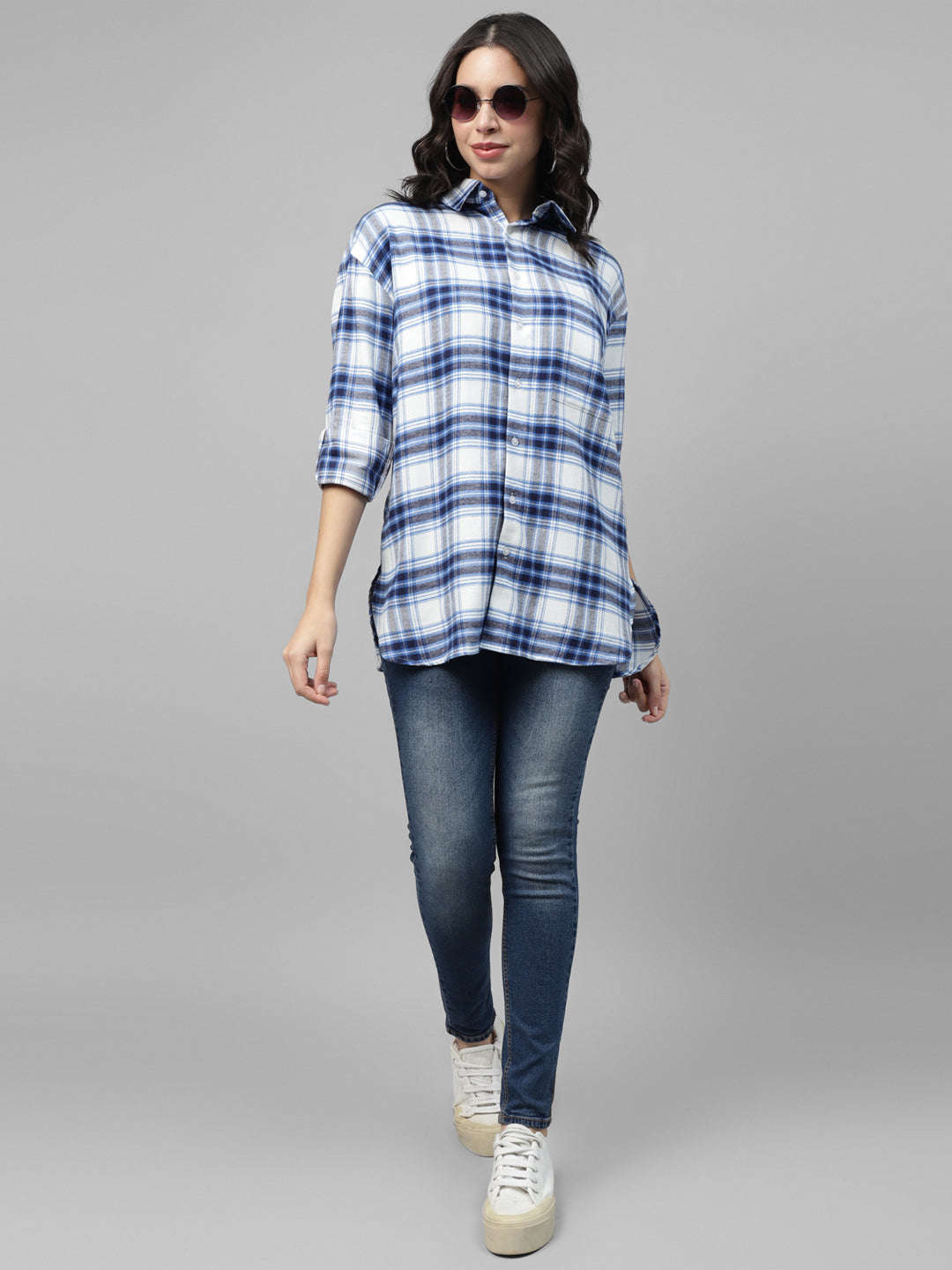 Women White & Blue Plaided Checked Pure Cotton Regular Fit Oversize Casual Shirt