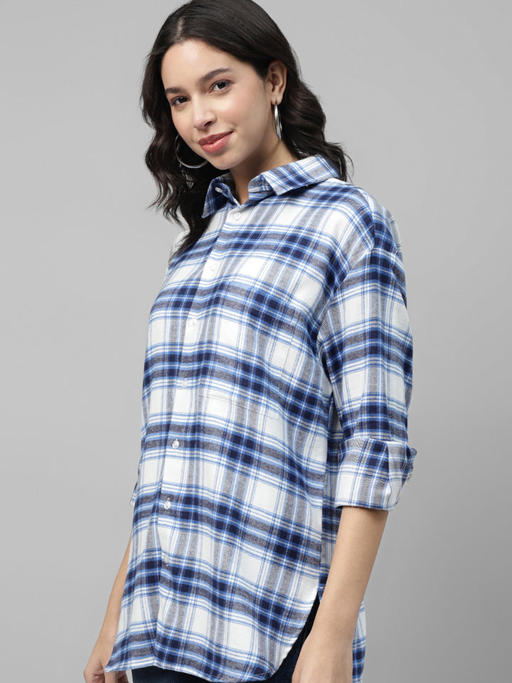 Women White & Blue Plaided Checked Pure Cotton Regular Fit Oversize Casual Shirt