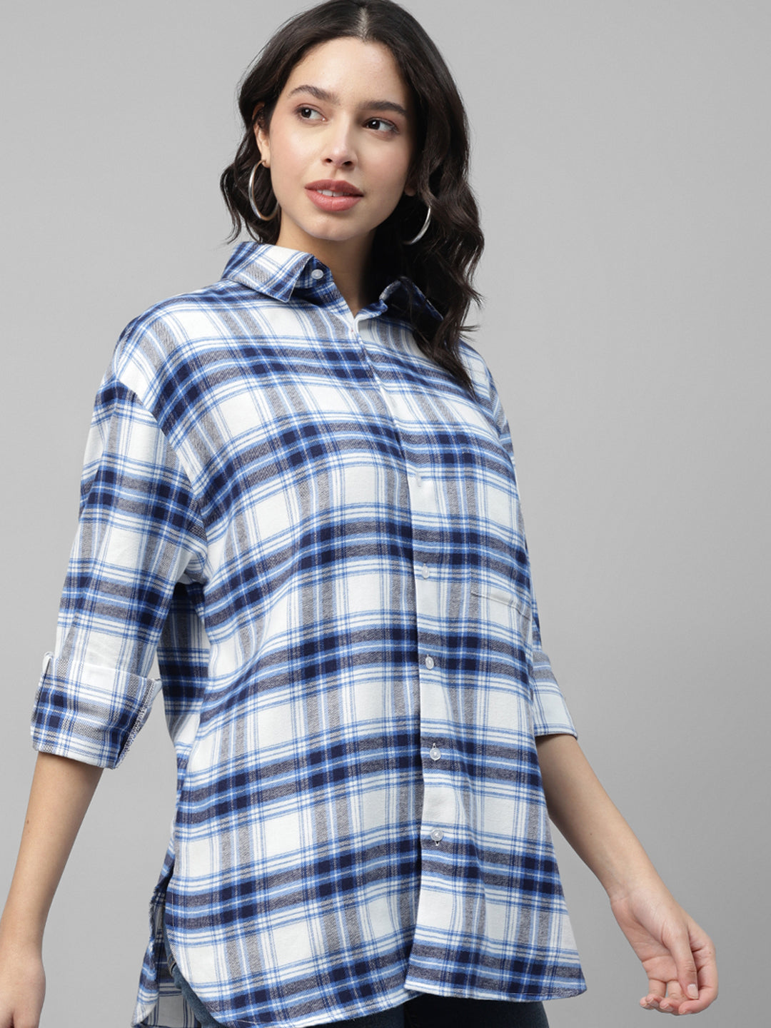 Women White & Blue Plaided Checked Pure Cotton Regular Fit Oversize Casual Shirt