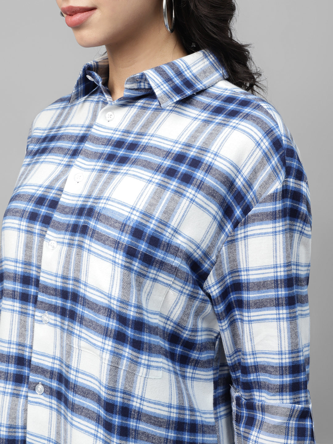 Women White & Blue Plaided Checked Pure Cotton Regular Fit Oversize Casual Shirt