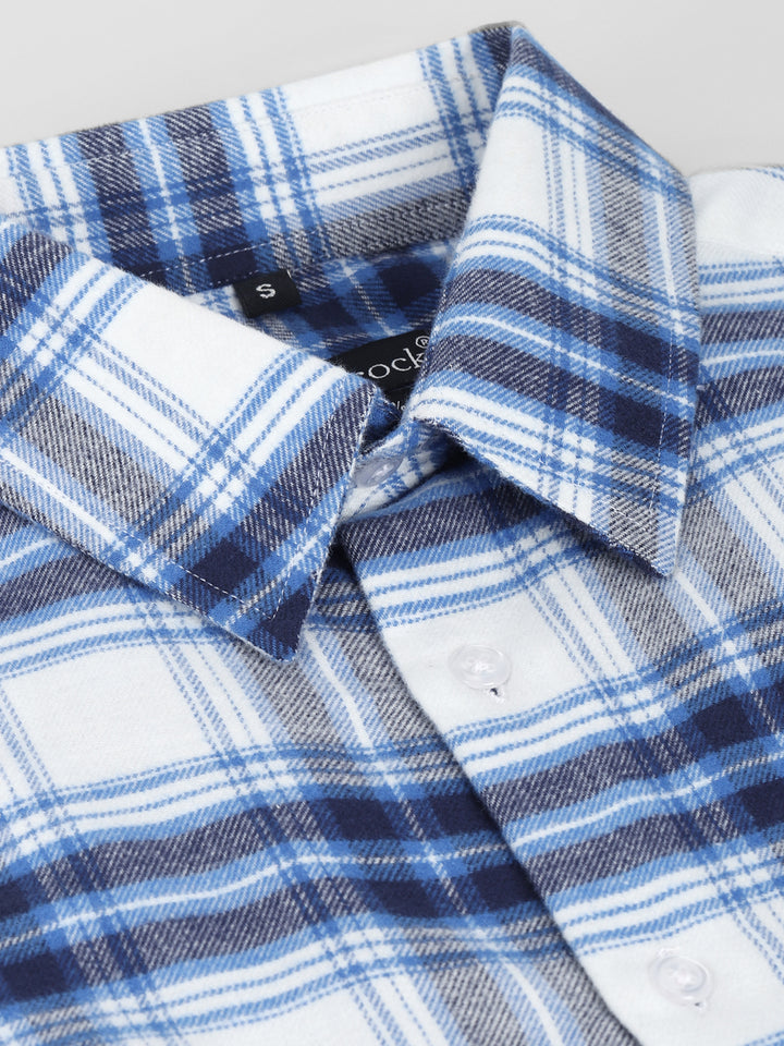 Women White & Blue Plaided Checked Pure Cotton Regular Fit Oversize Casual Shirt