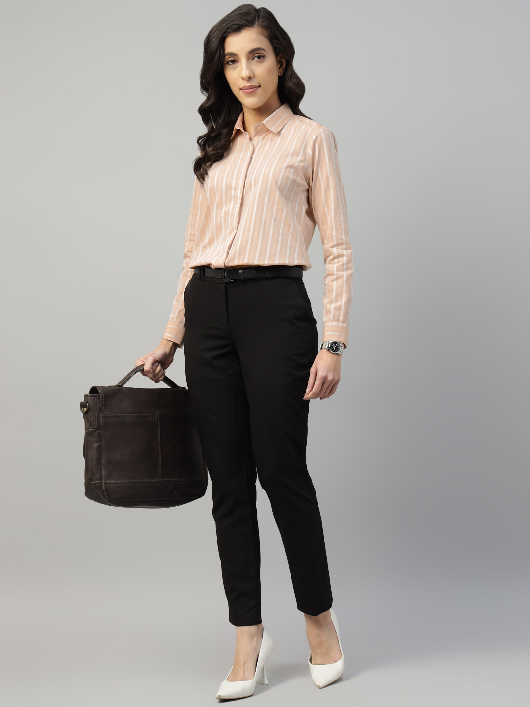 Hancock Women Beige Stripe Pure Cotton Regular Fit Formal Shirt