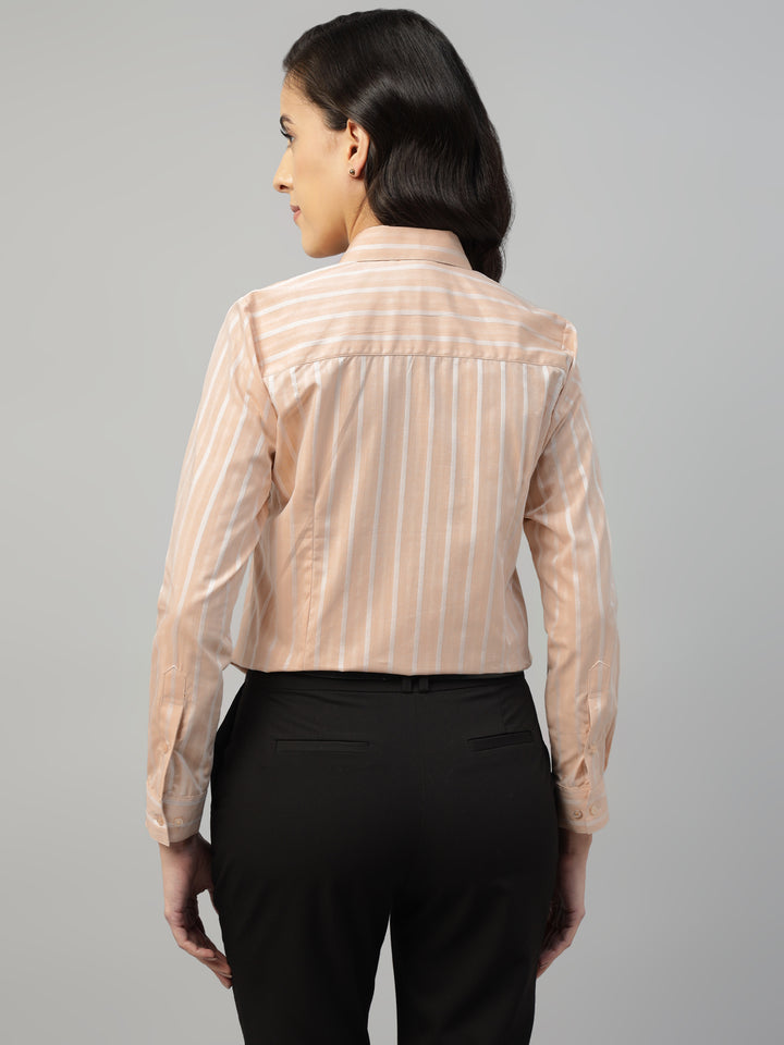 Hancock Women Beige Stripe Pure Cotton Regular Fit Formal Shirt