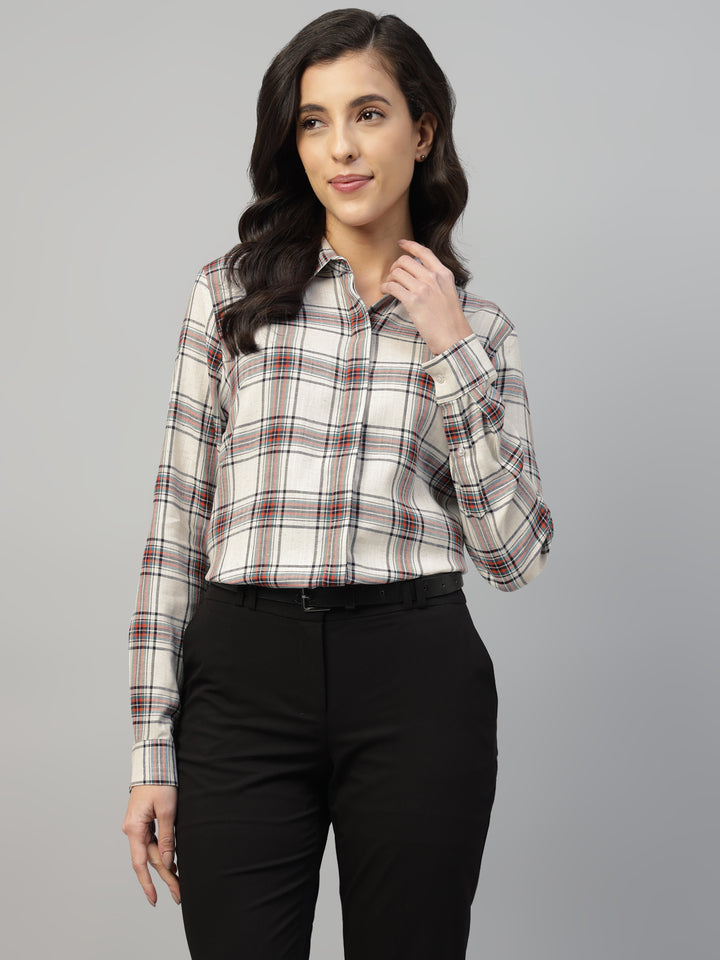 Hancock Women Beige Check Pure Cotton Regular Fit Formal Shirt