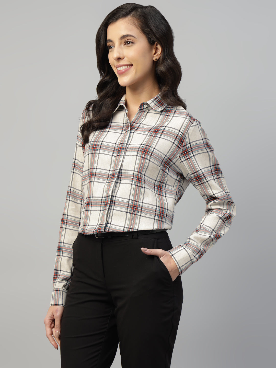 Hancock Women Beige Check Pure Cotton Regular Fit Formal Shirt