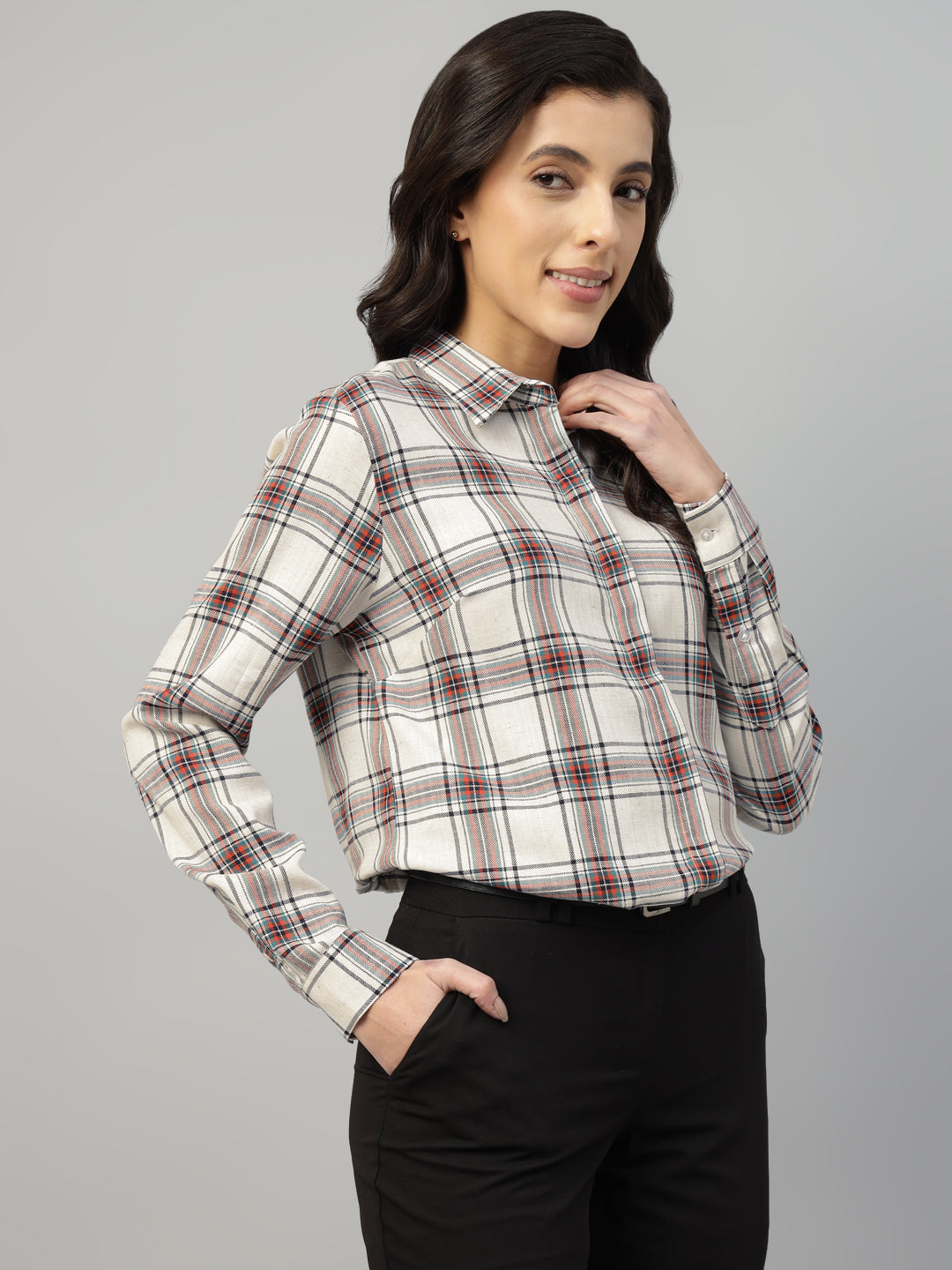 Hancock Women Beige Check Pure Cotton Regular Fit Formal Shirt