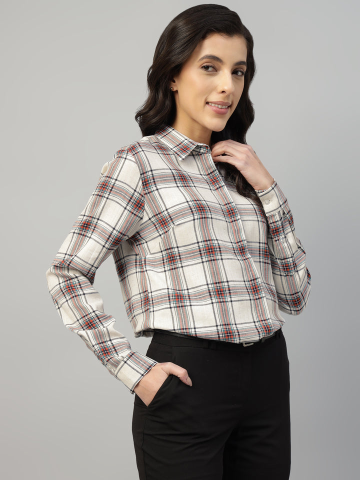 Hancock Women Beige Check Pure Cotton Regular Fit Formal Shirt