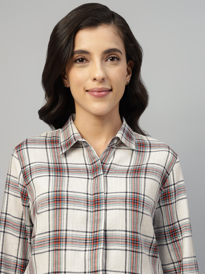 Hancock Women Beige Check Pure Cotton Regular Fit Formal Shirt