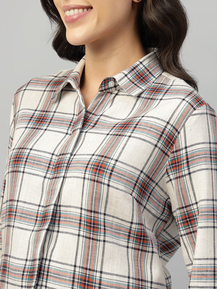 Hancock Women Beige Check Pure Cotton Regular Fit Formal Shirt