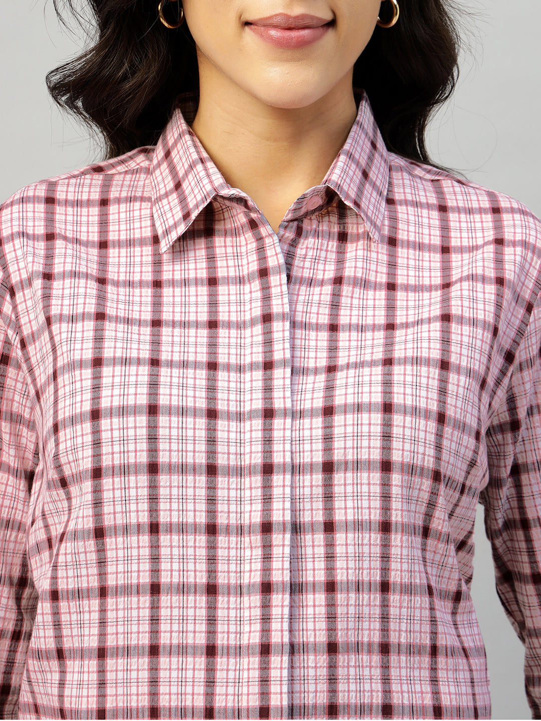 Hancock Women Pink Check Pure Cotton Regular Fit Formal Shirt