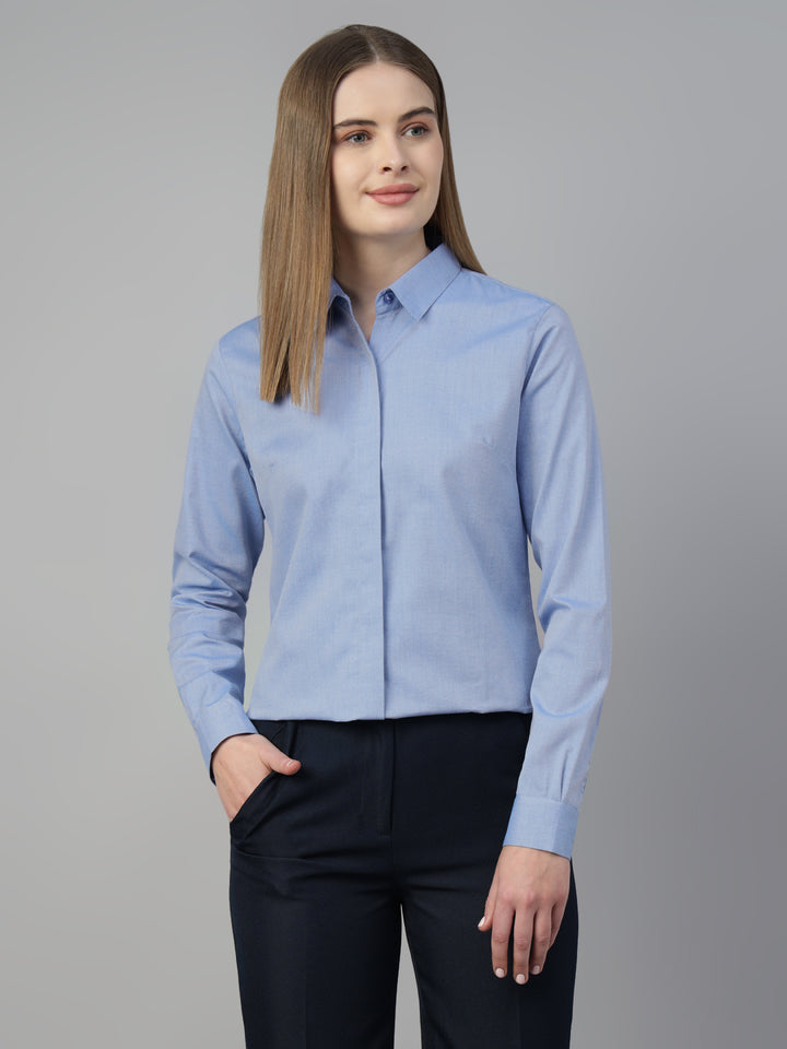 Hancock Women Blue Solid Pure Cotton Regular Fit Formal Shirt