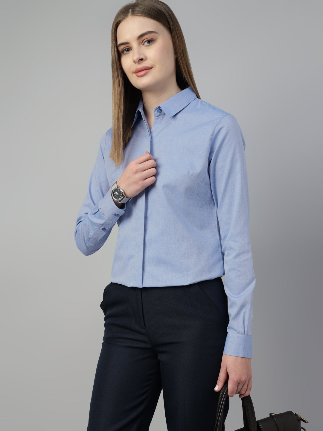 Hancock Women Blue Solid Pure Cotton Regular Fit Formal Shirt