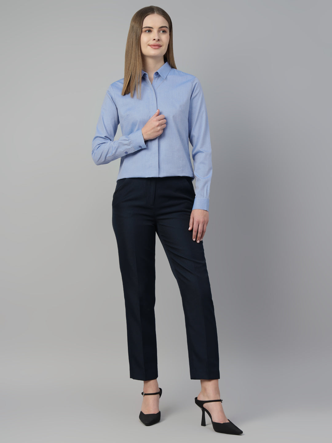 Hancock Women Blue Solid Pure Cotton Regular Fit Formal Shirt