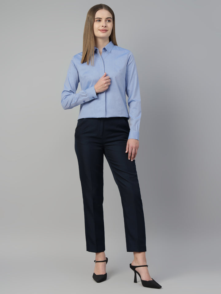 Hancock Women Blue Solid Pure Cotton Regular Fit Formal Shirt