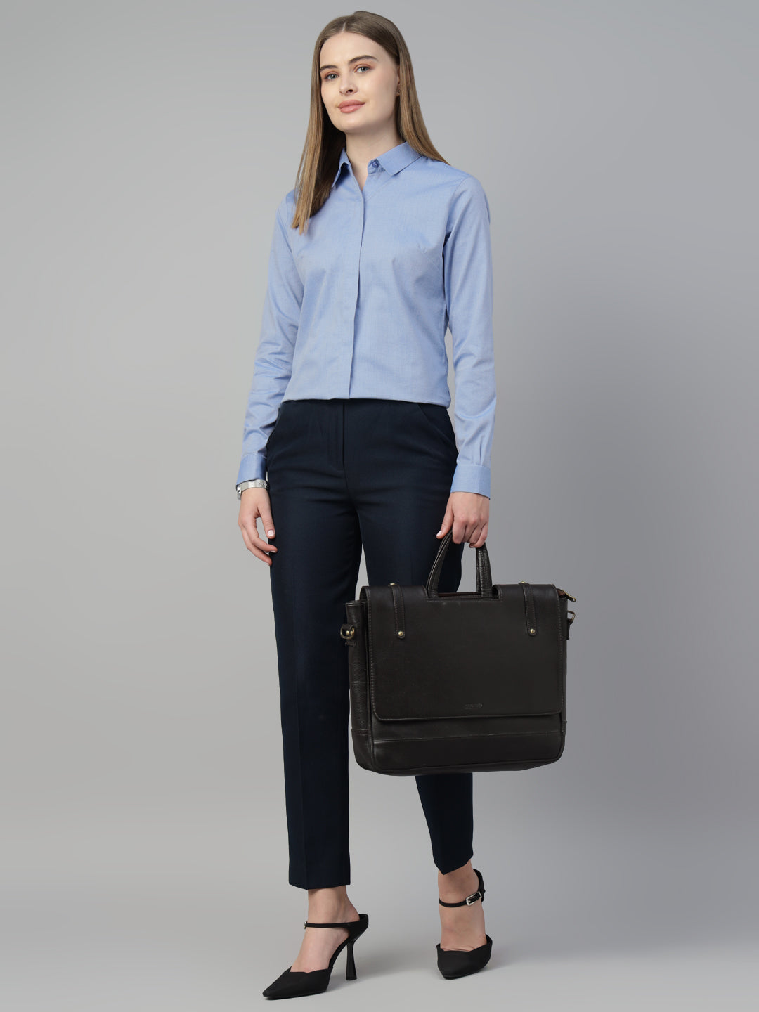 Hancock Women Blue Solid Pure Cotton Regular Fit Formal Shirt