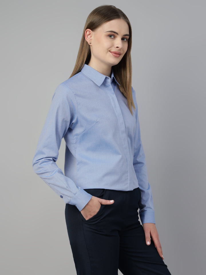 Hancock Women Blue Solid Pure Cotton Regular Fit Formal Shirt