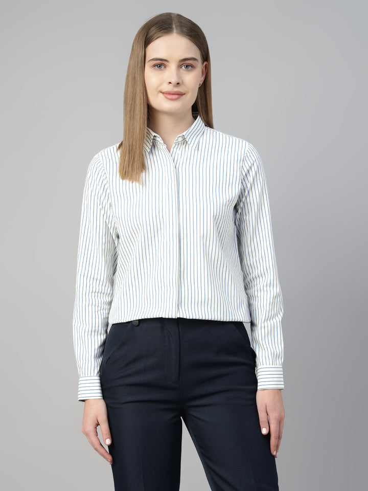 Hancock Women White & Blue Stripe Pure Cotton Regular Fit Formal Shirt