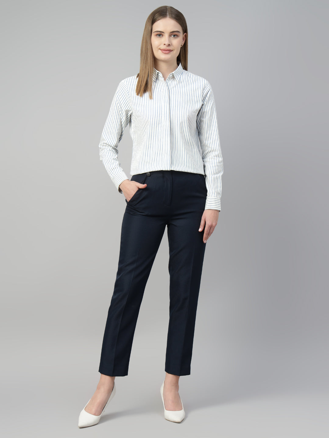 Hancock Women White & Blue Stripe Pure Cotton Regular Fit Formal Shirt