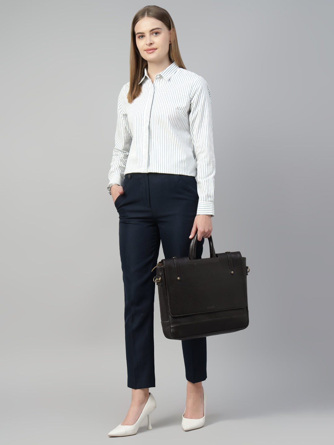 Hancock Women White & Blue Stripe Pure Cotton Regular Fit Formal Shirt