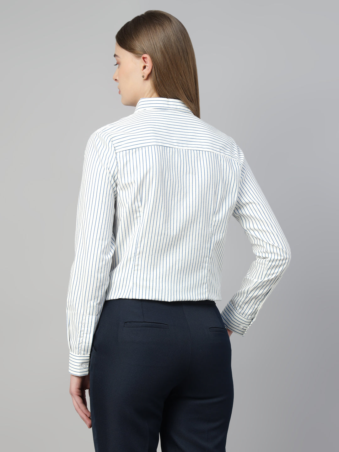Hancock Women White & Blue Stripe Pure Cotton Regular Fit Formal Shirt