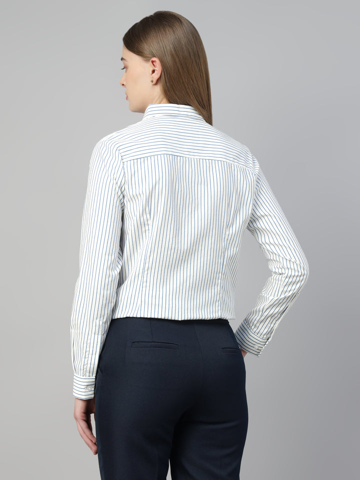 Hancock Women White & Blue Stripe Pure Cotton Regular Fit Formal Shirt