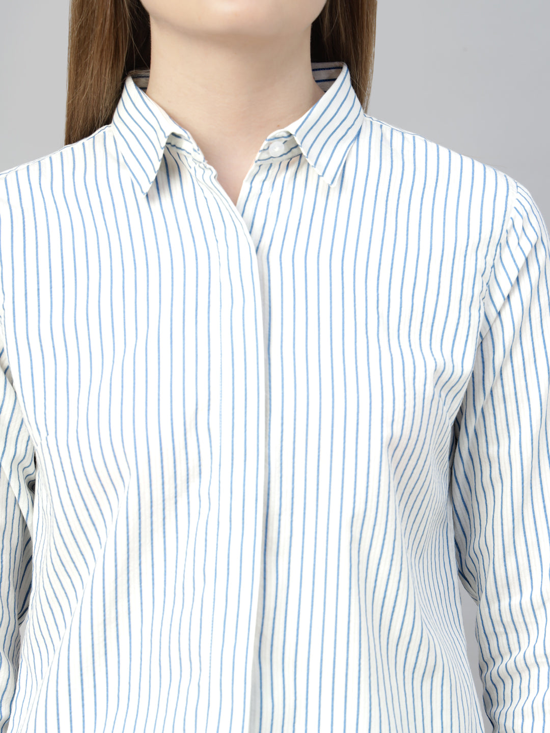 Hancock Women White & Blue Stripe Pure Cotton Regular Fit Formal Shirt
