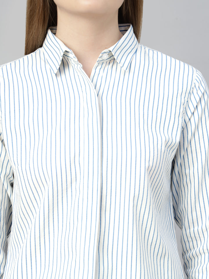 Hancock Women White & Blue Stripe Pure Cotton Regular Fit Formal Shirt