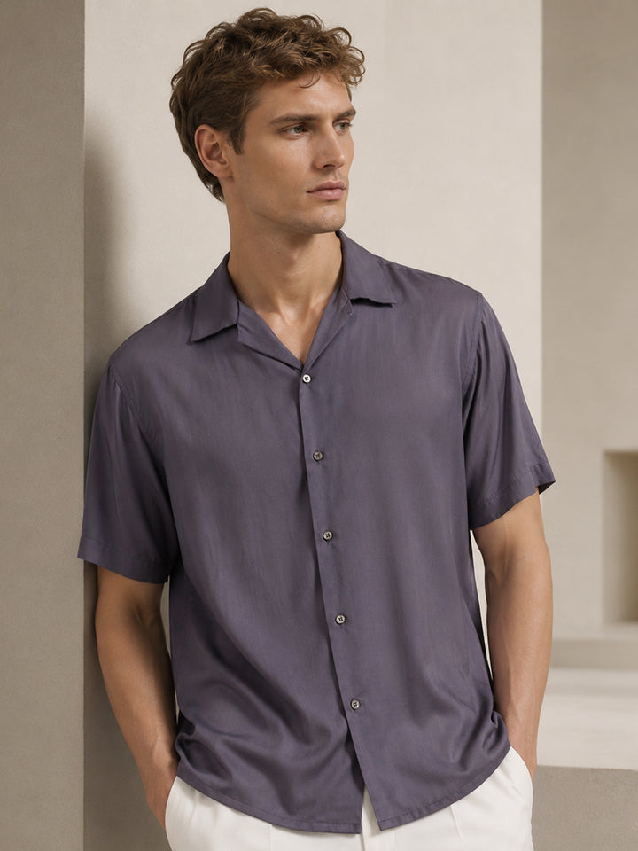 Men Grey Solid Viscose Rayon Relaxed Fit Casual Resort Shirt