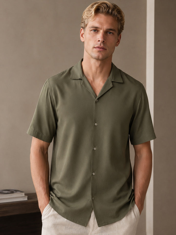 Men Olive Solid Viscose Rayon Relaxed Fit Casual Resort Shirt