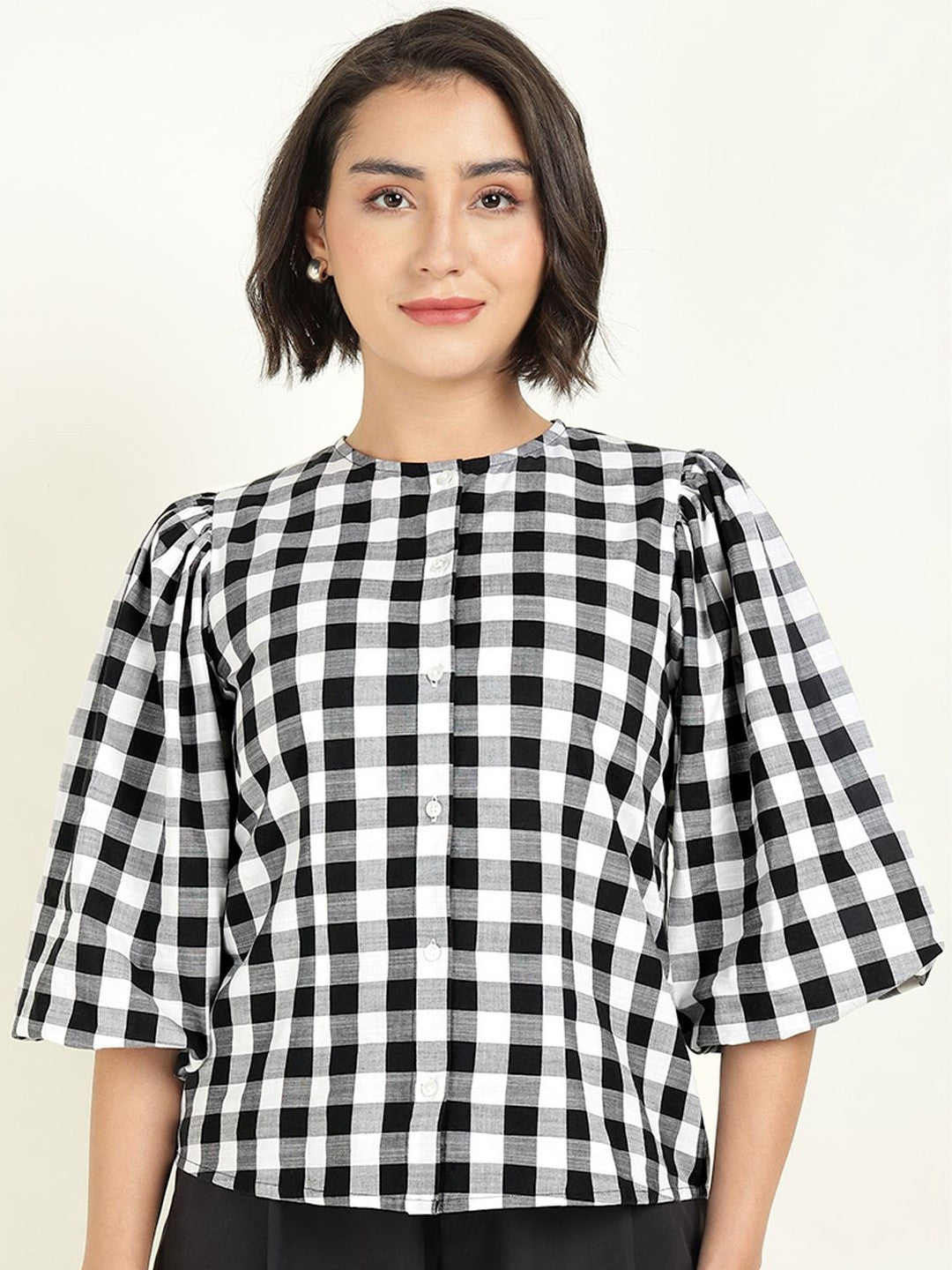 Hancock Women White & Black Checked Pure Cotton Regular Fit Formal Shirt