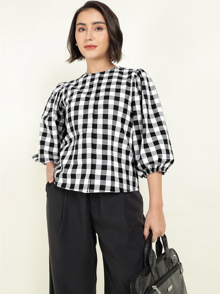 Hancock Women White & Black Checked Pure Cotton Regular Fit Formal Shirt