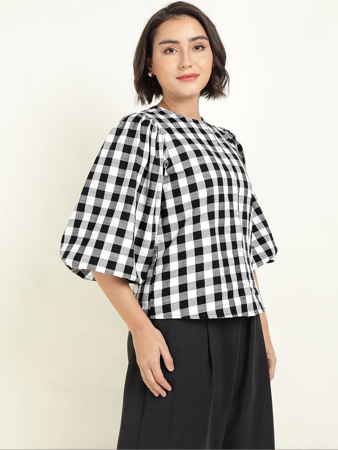 Hancock Women White & Black Checked Pure Cotton Regular Fit Formal Shirt