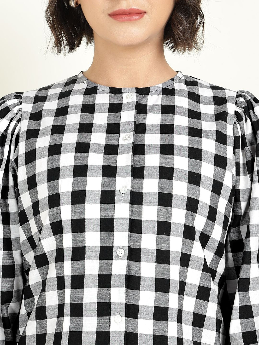Hancock Women White & Black Checked Pure Cotton Regular Fit Formal Shirt