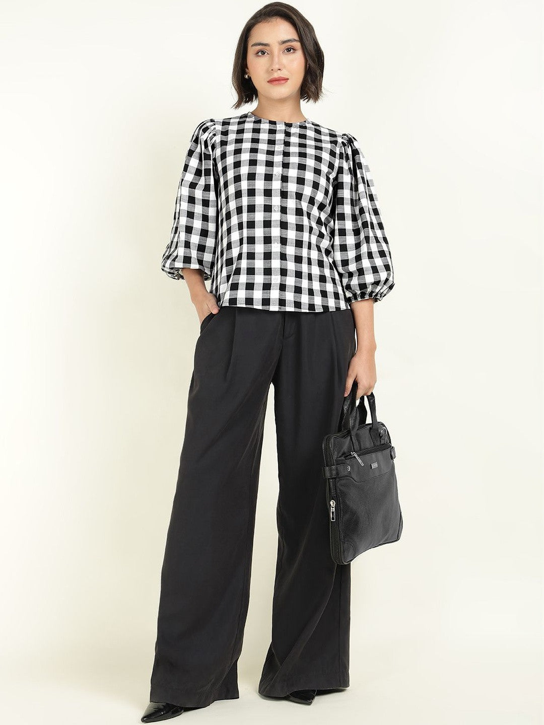 Hancock Women White & Black Checked Pure Cotton Regular Fit Formal Shirt