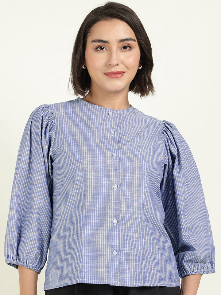 Hancock Women Blue & White Striped Pure Cotton Regular Fit Formal Shirt