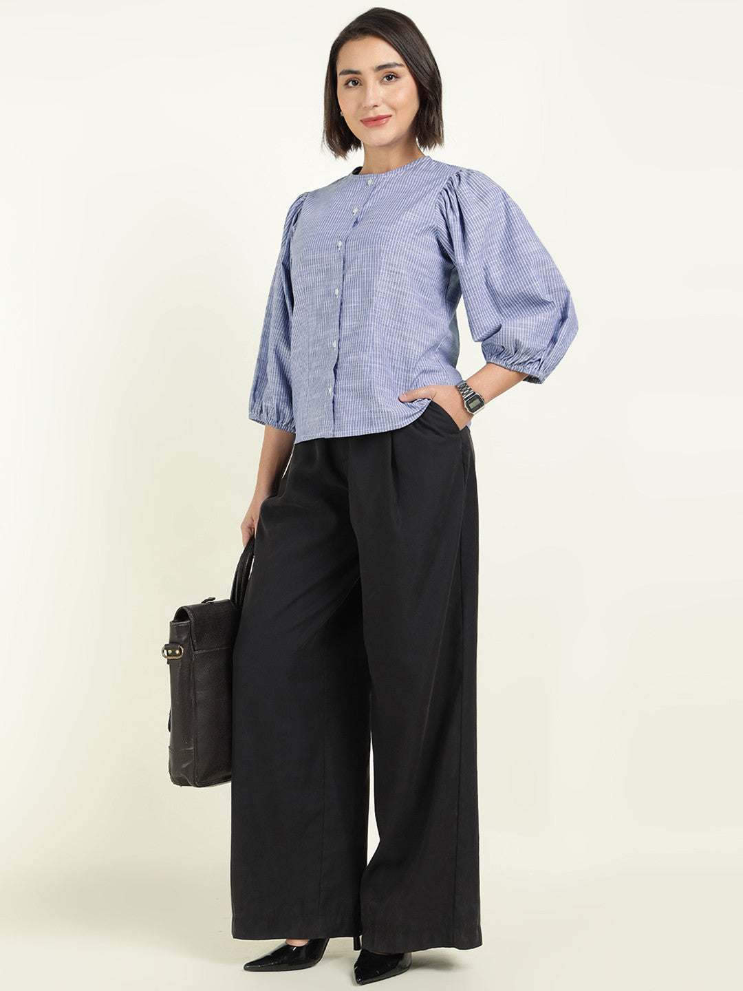 Hancock Women Blue & White Striped Pure Cotton Regular Fit Formal Shirt