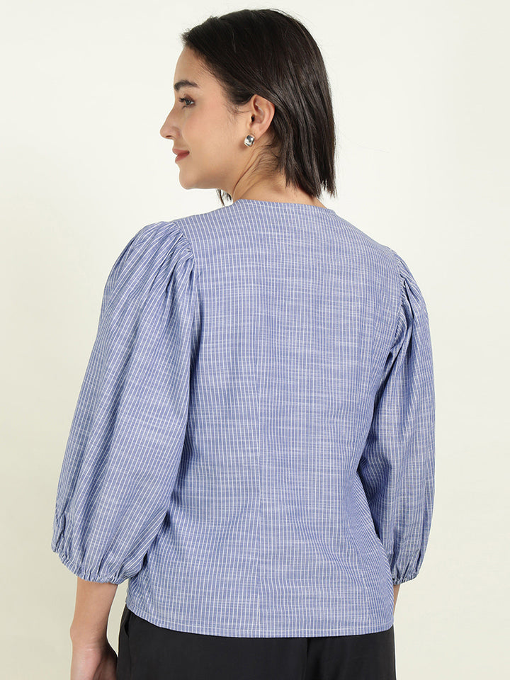 Hancock Women Blue & White Striped Pure Cotton Regular Fit Formal Shirt