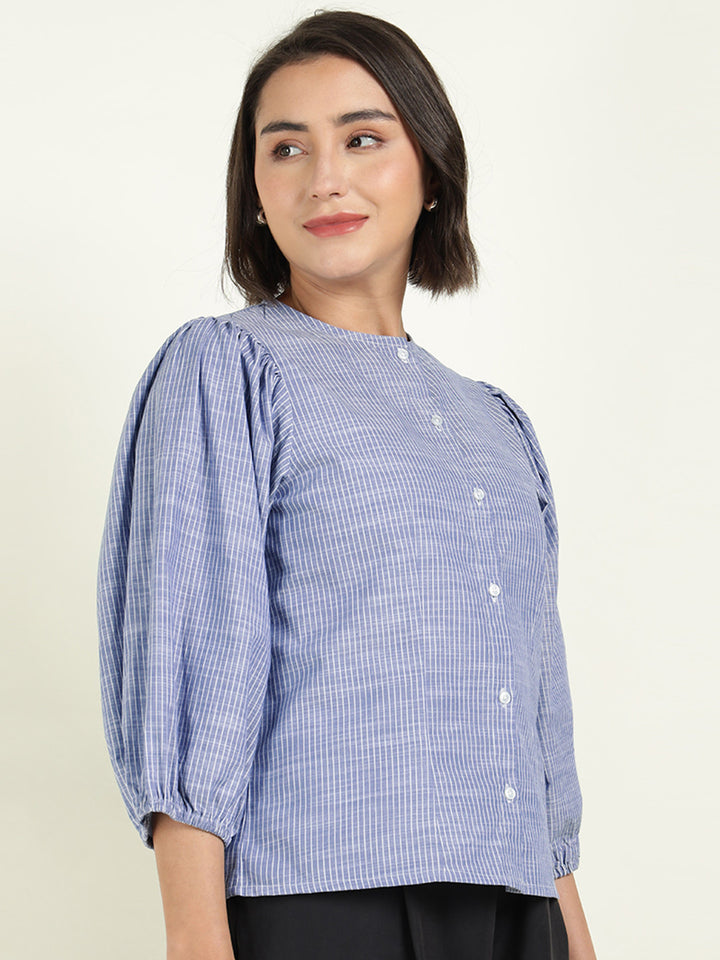 Hancock Women Blue & White Striped Pure Cotton Regular Fit Formal Shirt