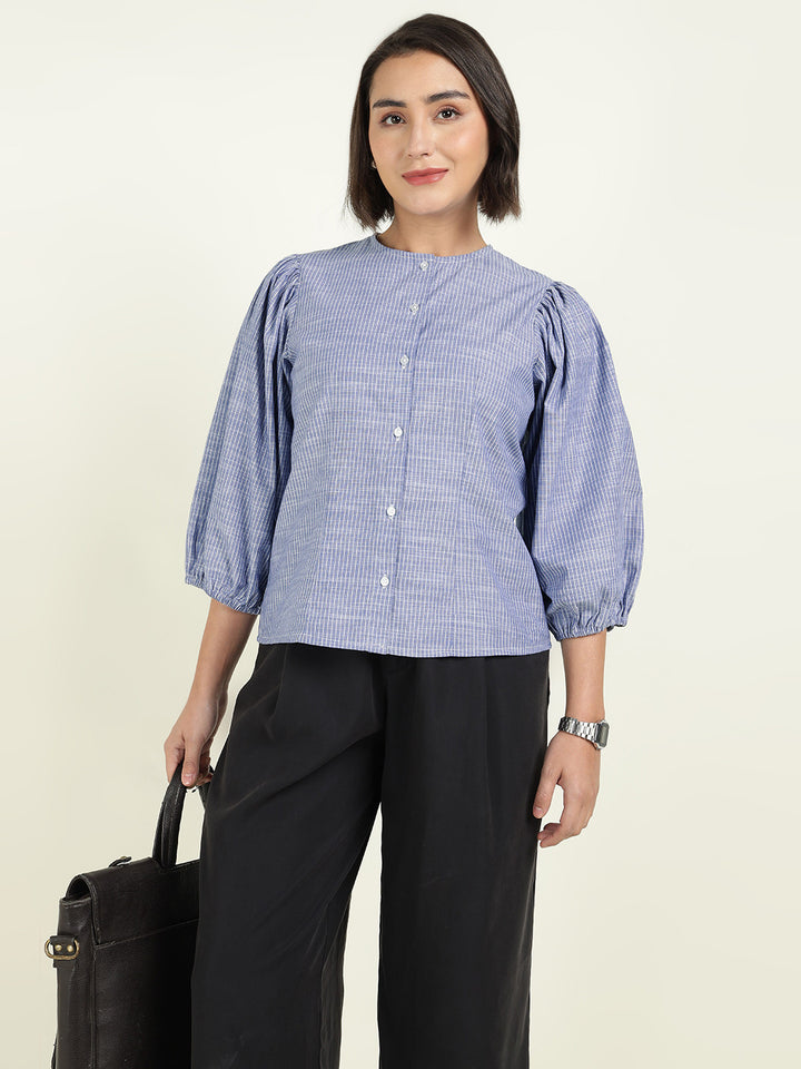 Hancock Women Blue & White Striped Pure Cotton Regular Fit Formal Shirt
