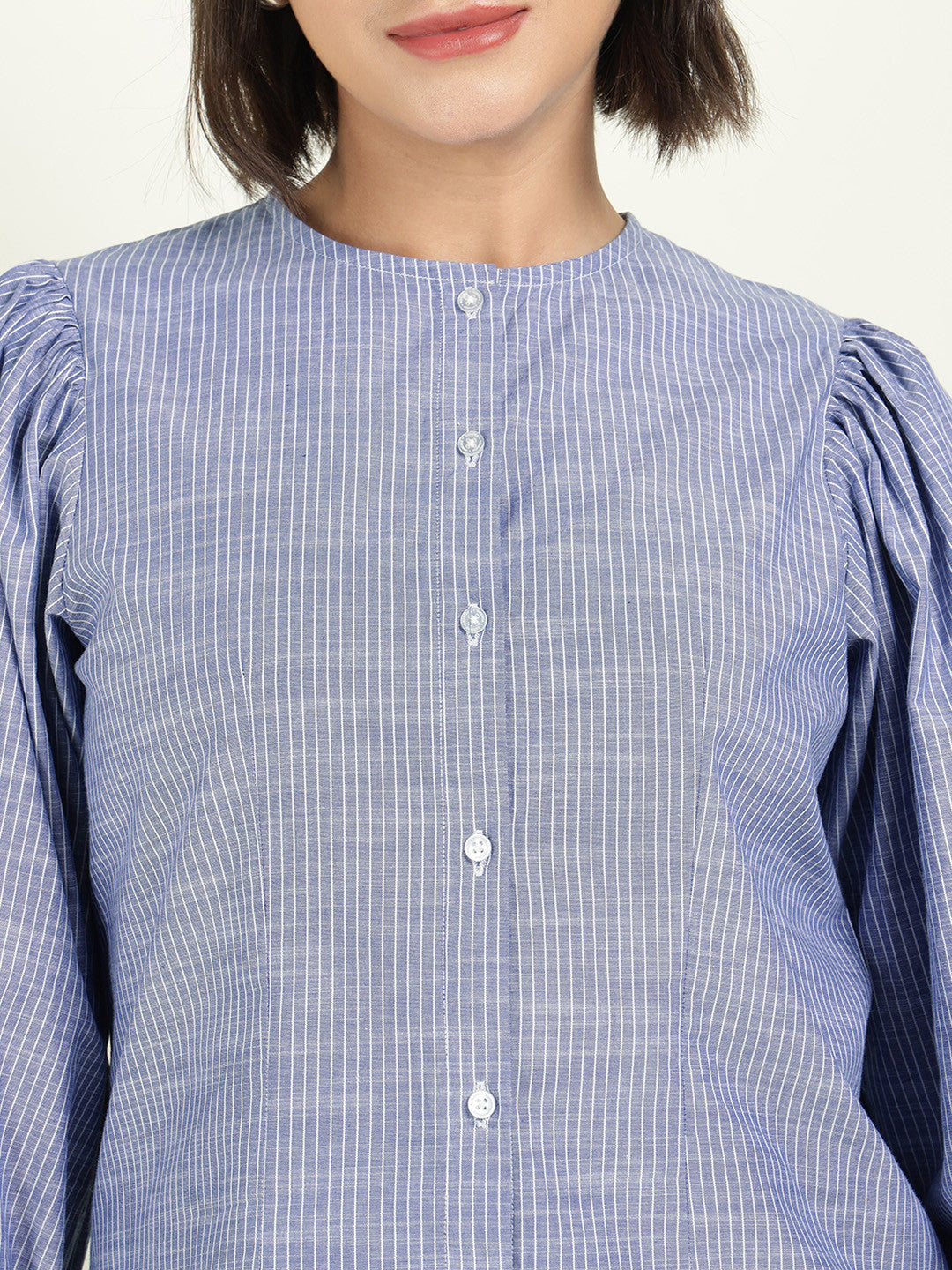 Hancock Women Blue & White Striped Pure Cotton Regular Fit Formal Shirt